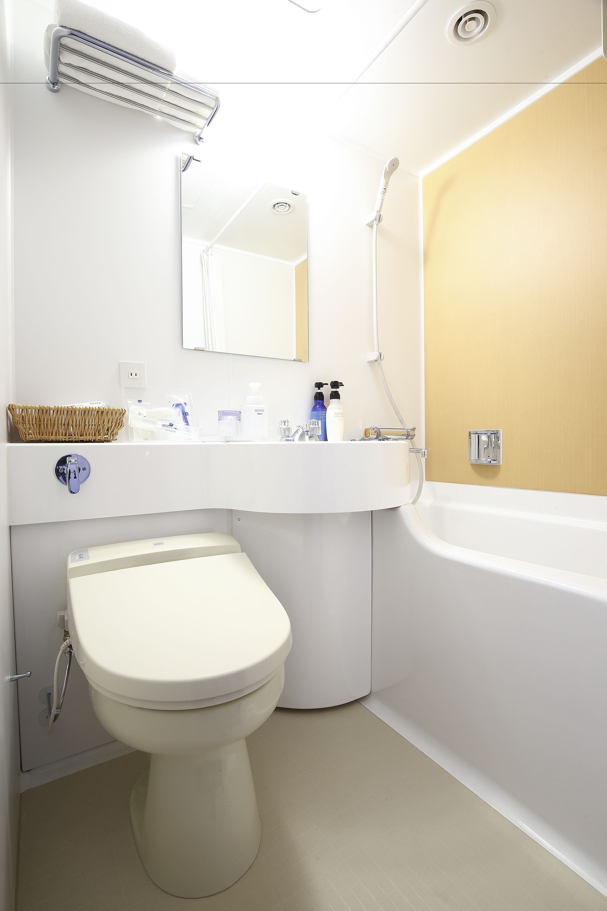 combined shower/bathtub, free toiletries, hair dryer, slippers