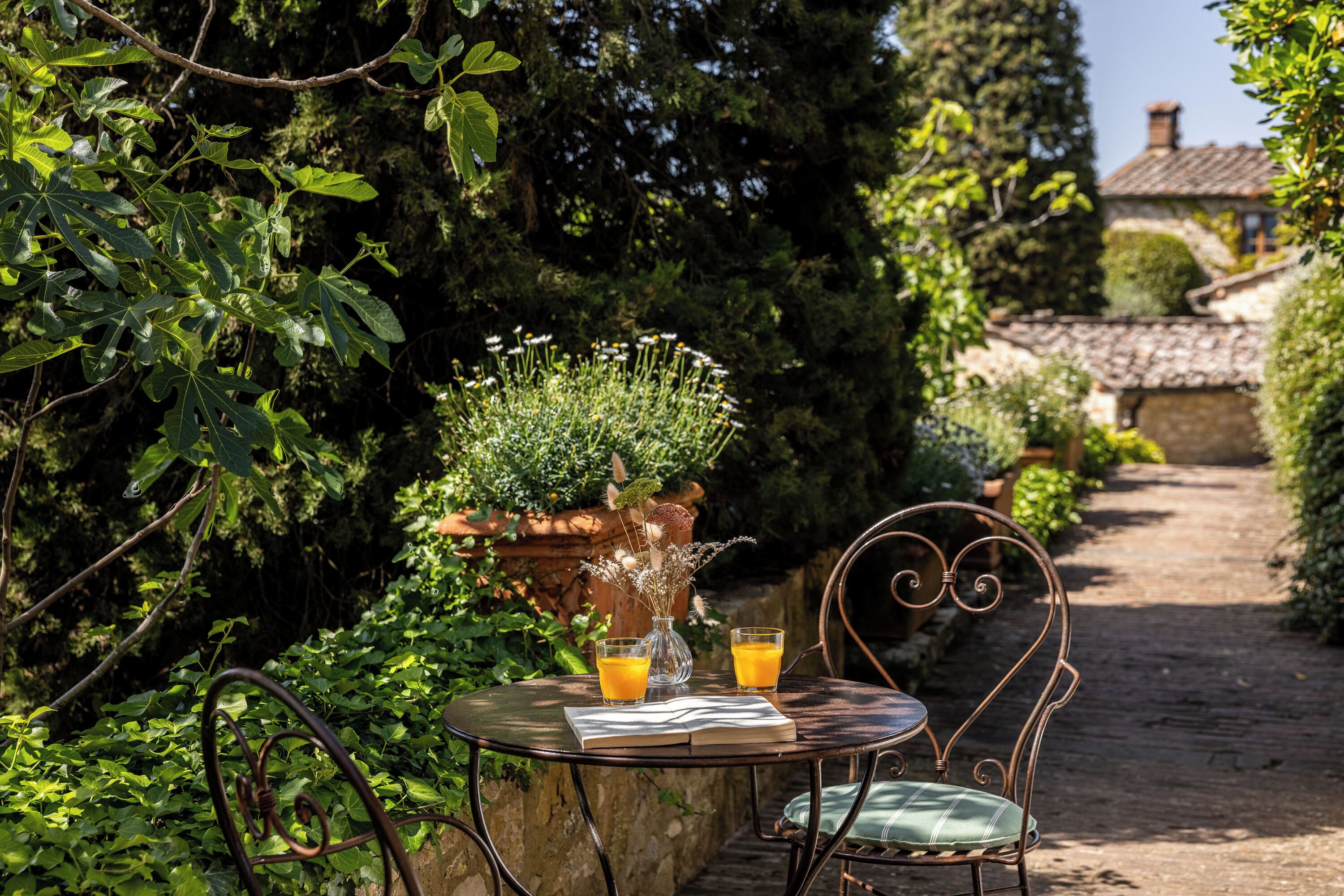 A garden patio with a table, chairs, a potted plant, and a book.