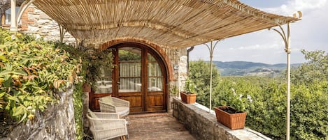 A covered outdoor seating area with a wooden door, wicker chairs, and potted plants.