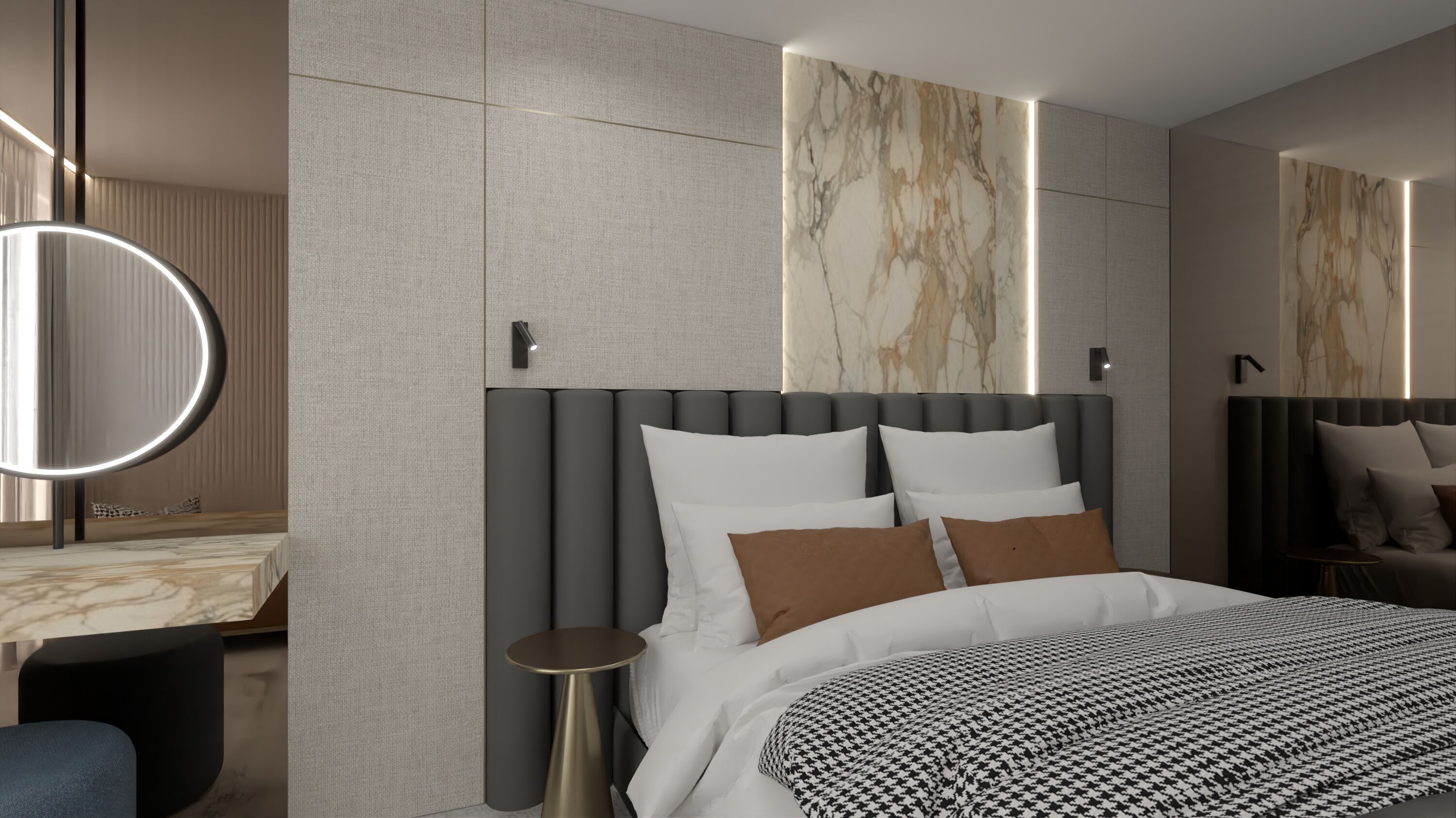 Un dormitorio moderno con una cama grande, un espejo redondo y una pared de mármol.