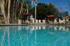 A clear swimming pool with lounge chairs and umbrellas, surrounded by palm trees and a fence. - The Oasis (Palm Springs)