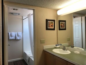 A bathroom with a shower, a sink, and two framed pictures on the wall. - The Oasis (Palm Springs)