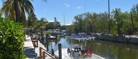 A dock with boats, a clear sky, and a calm water body.