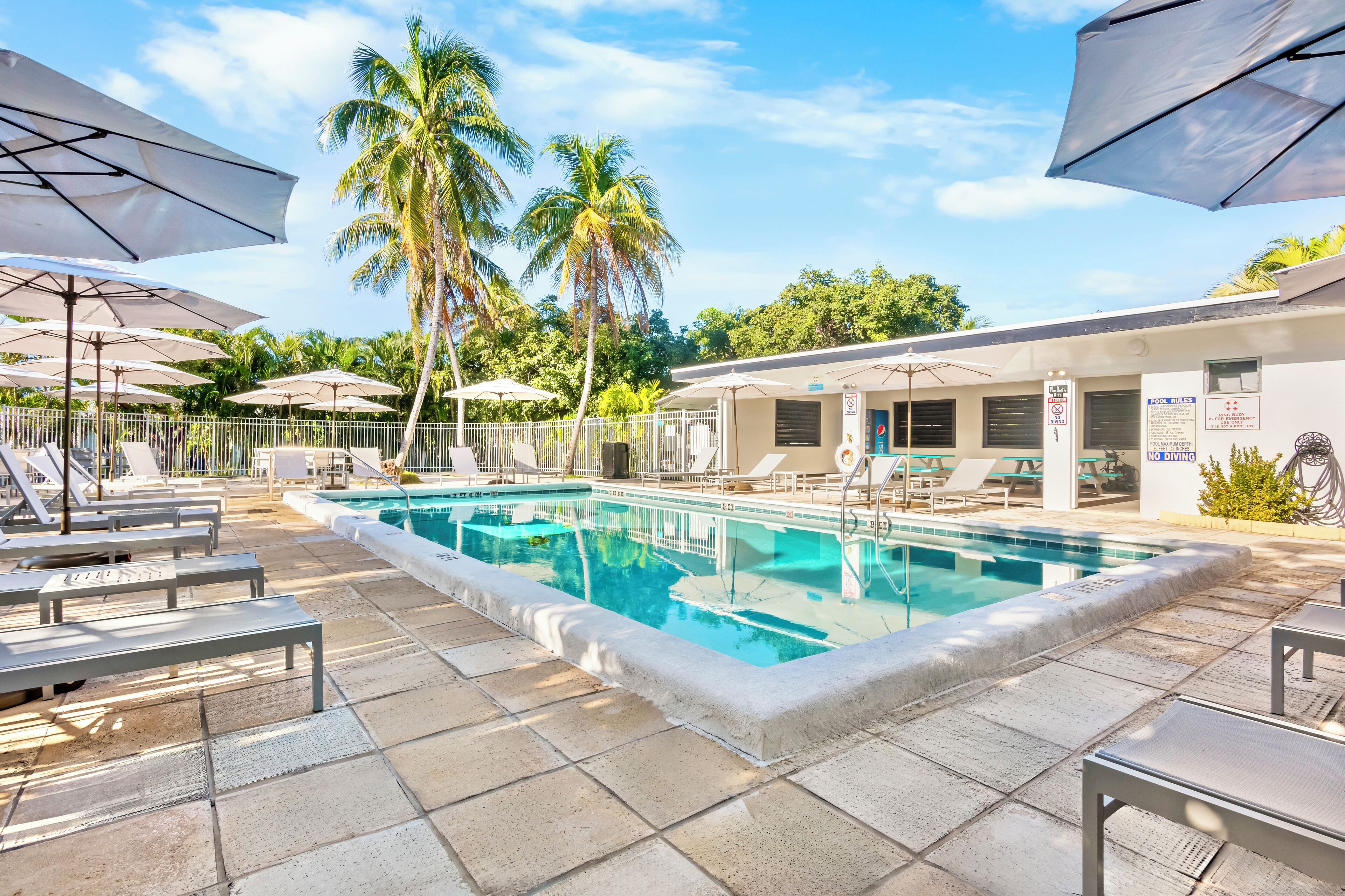 outdoor pool, open 8:00 am to 8:00 pm, pool umbrellas, pool loungers