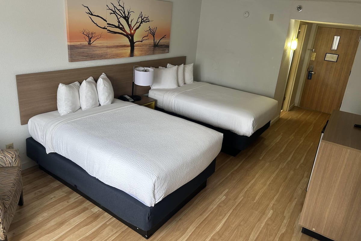 A hotel room with two beds, a nightstand, a lamp, a painting, and a wooden door.