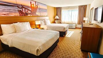 Desk, laptop workspace, blackout drapes, iron/ironing board