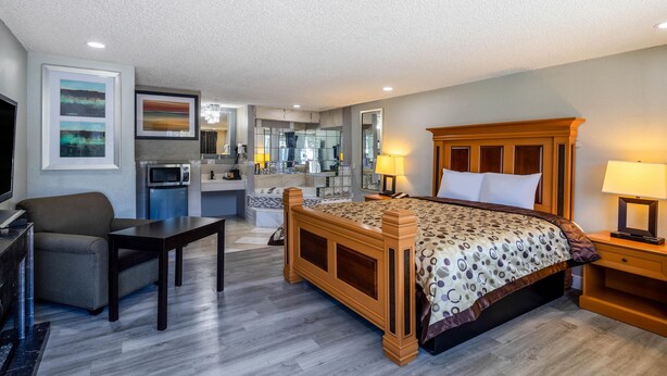 A hotel room with a large bed, a desk, a chair, a microwave, a sink, and a mirror.