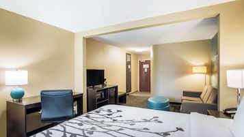 A hotel room with a bed, a desk, a TV, and a seating area.