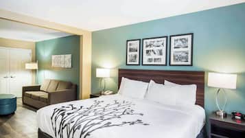 Una camera d'hotel con un letto grande, un divano, una scrivania con una lampada e quadri appesi al muro.