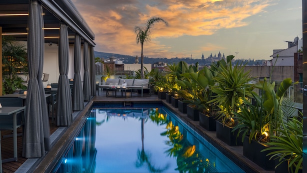 Una piscina sul tetto con vista sulla città, circondata da piante in vaso e arredi da esterno.