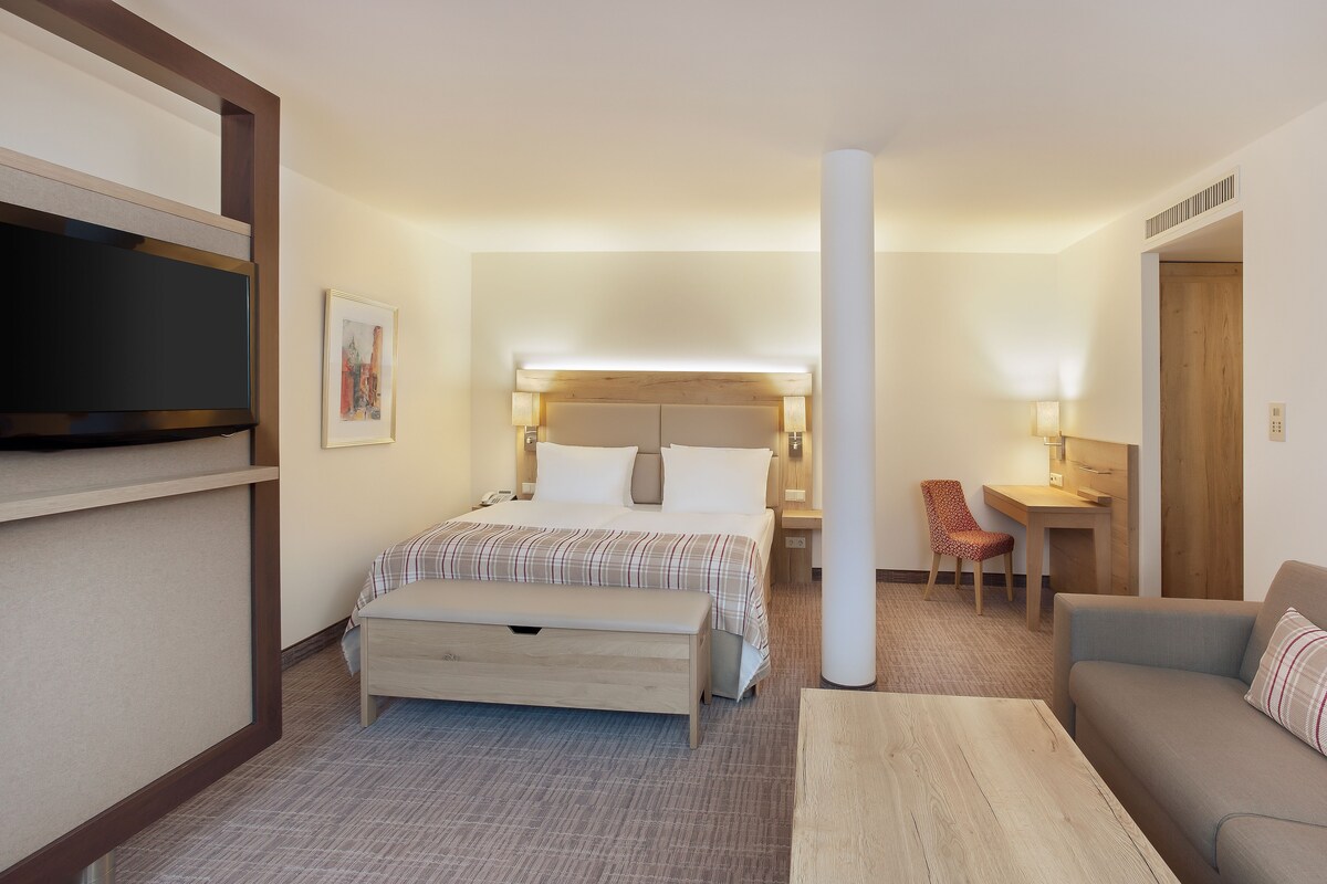 A hotel room with a bed, a desk, a chair, a TV, and a sofa.