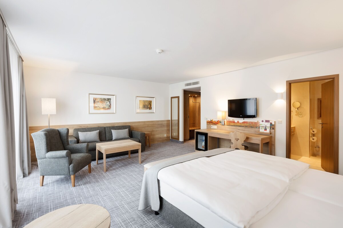 A hotel room with a bed, a sofa, a desk, a TV, and a bathroom door.