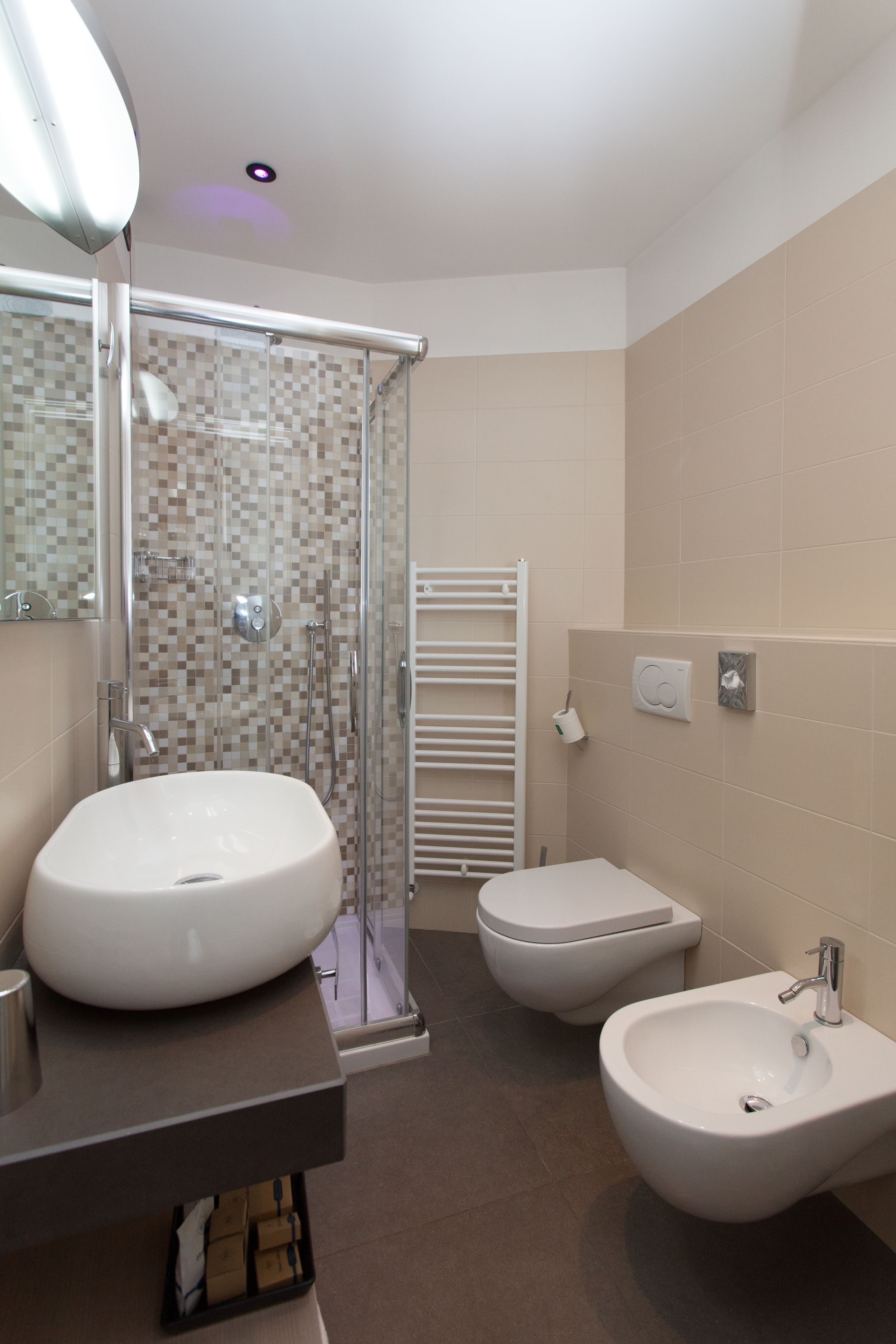 shower, hair dryer, bidet, towels