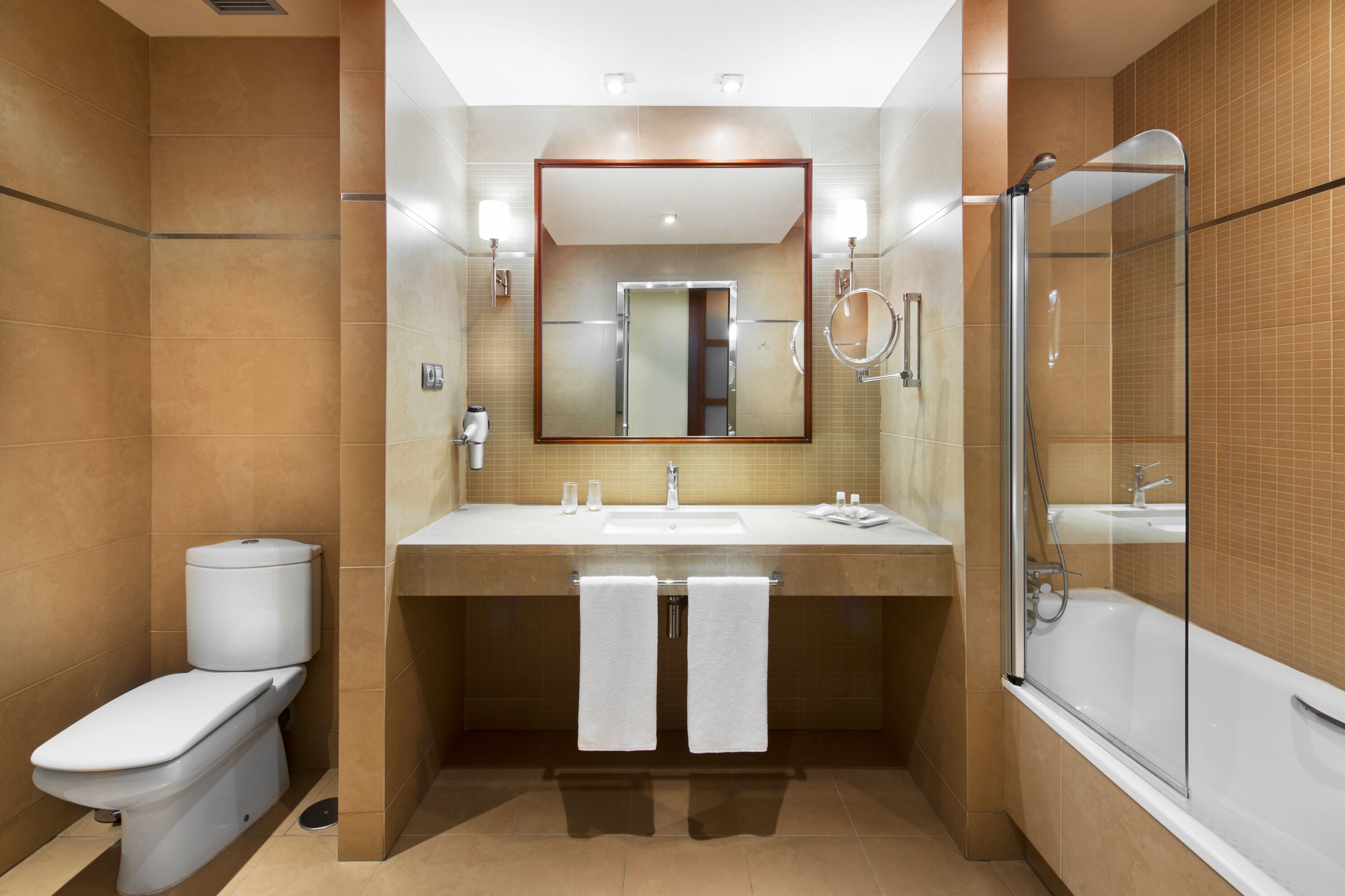 combined shower/bathtub, free toiletries, hair dryer, bidet