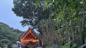 A building with a porch and string lights, surrounded by blue hydrangea bushes.