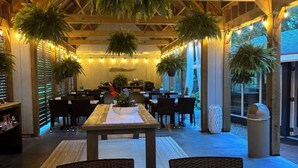 An indoor dining area with wooden beams, tables, chairs, and hanging plants.