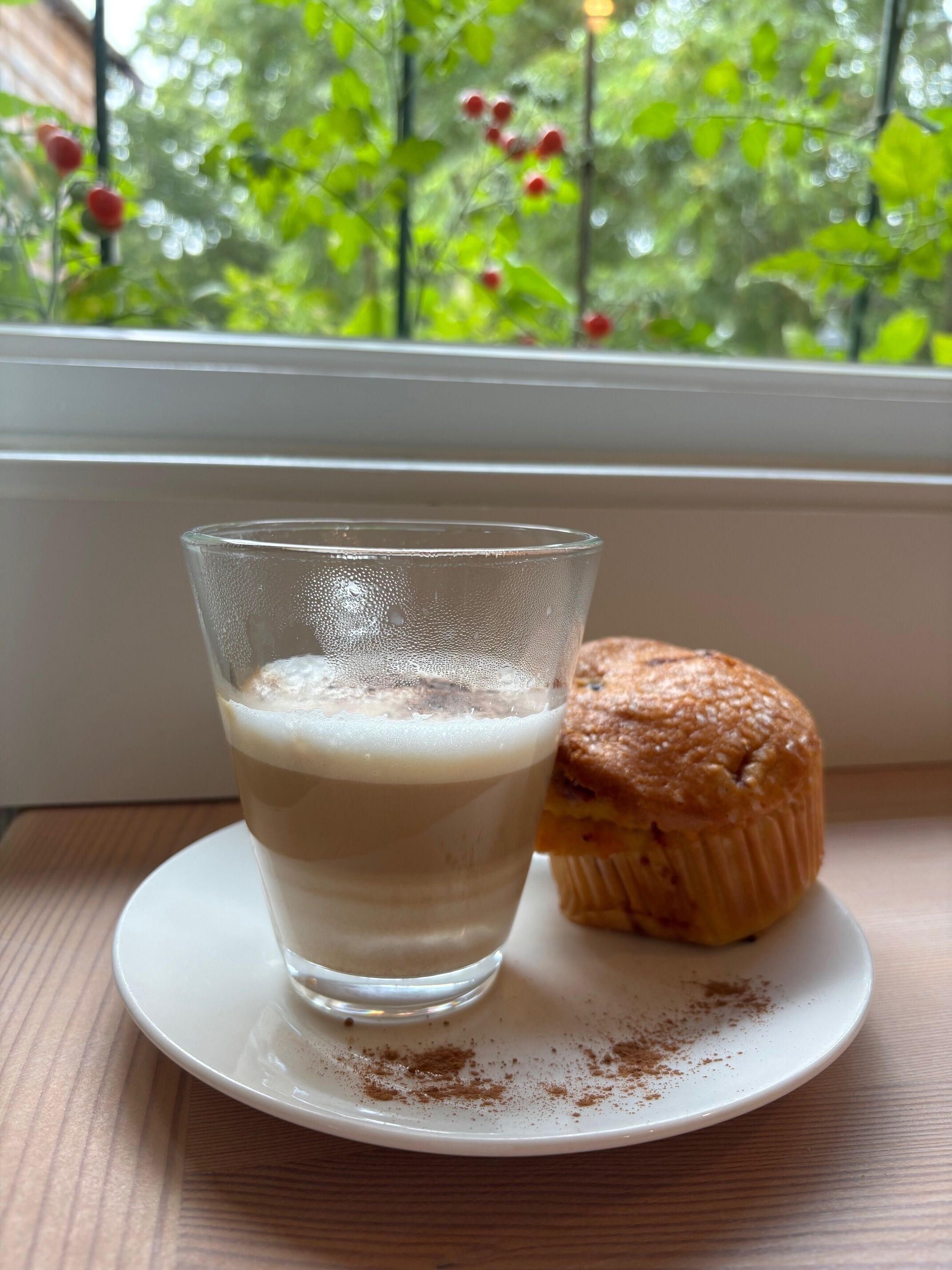 Una tazza di caffè con un muffin su un piatto bianco, vicino a una finestra che si affaccia sul verde.