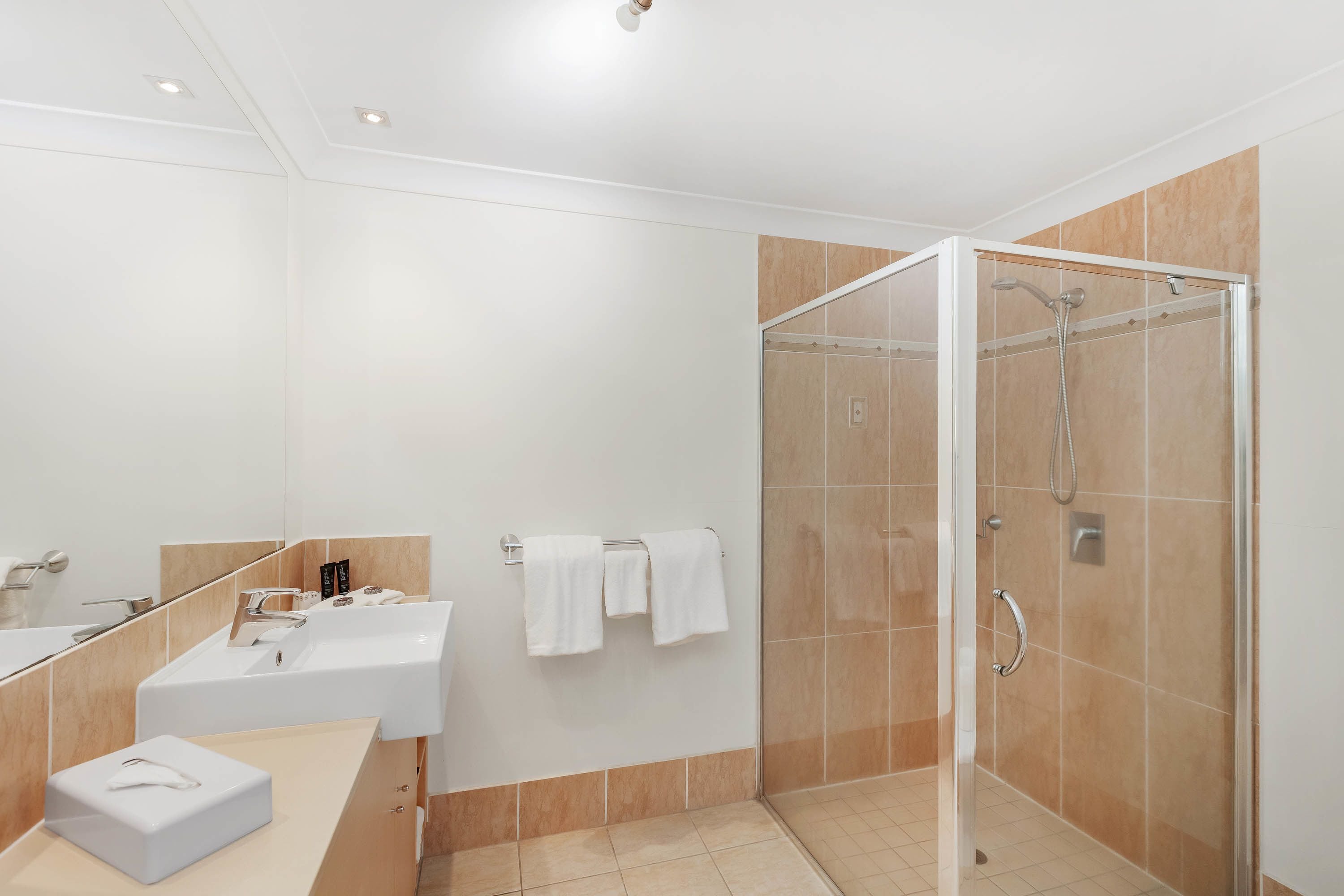 A modern bathroom with a glass-enclosed shower, a white sink, and a mirror.