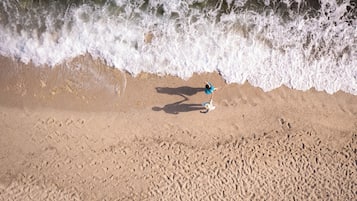 On the beach, sun-loungers, beach umbrellas, waterskiing