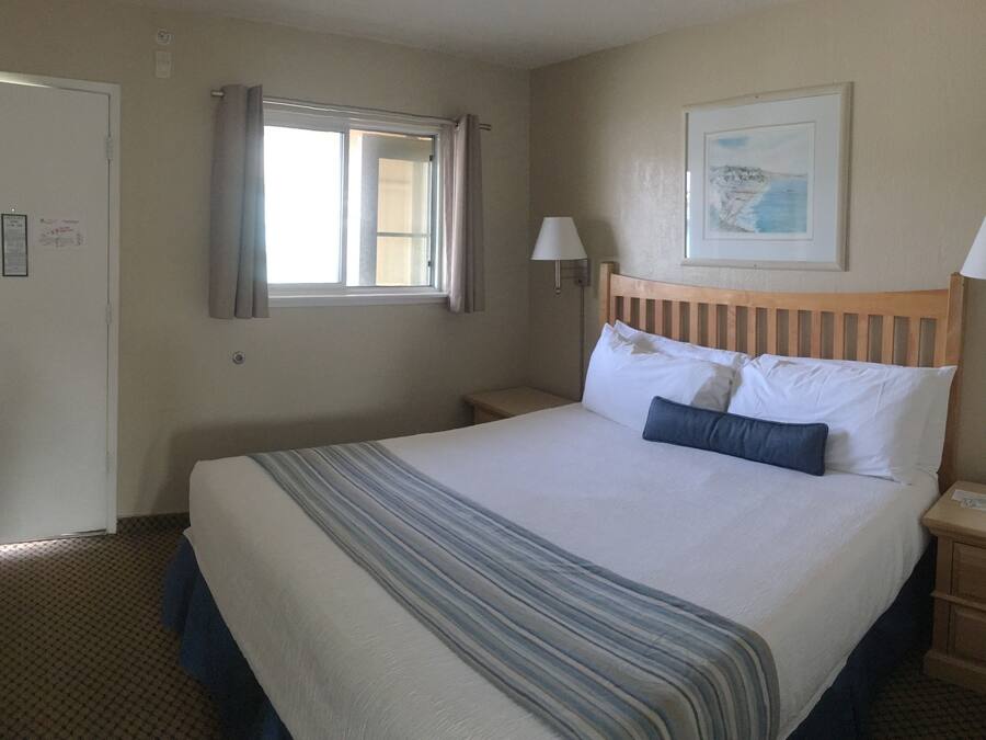 A hotel room with a large bed, two bedside tables, a window with curtains, a wall-mounted lamp, and a framed picture.