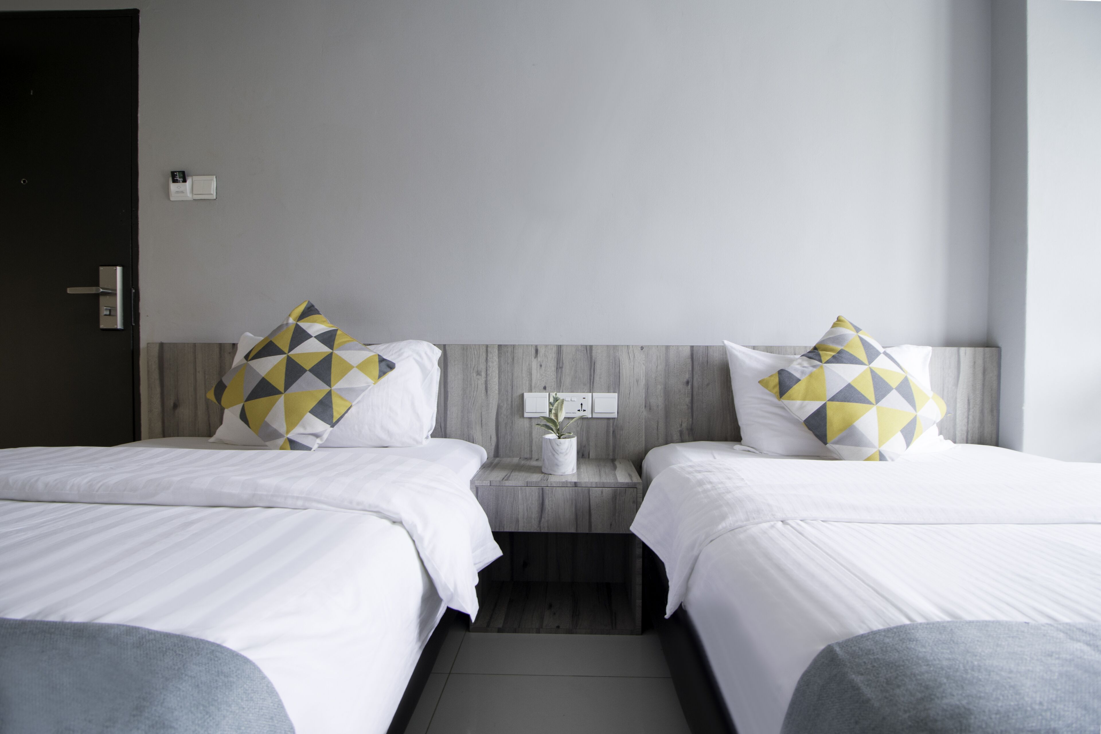 Ein Hotelzimmer mit zwei Betten, jeweils mit weißer Bettwäsche und Kissen mit geometrischen Mustern. Es gibt einen kleinen Nachttisch mit einer Pflanze und einen an der Wand montierten Lichtschalter.