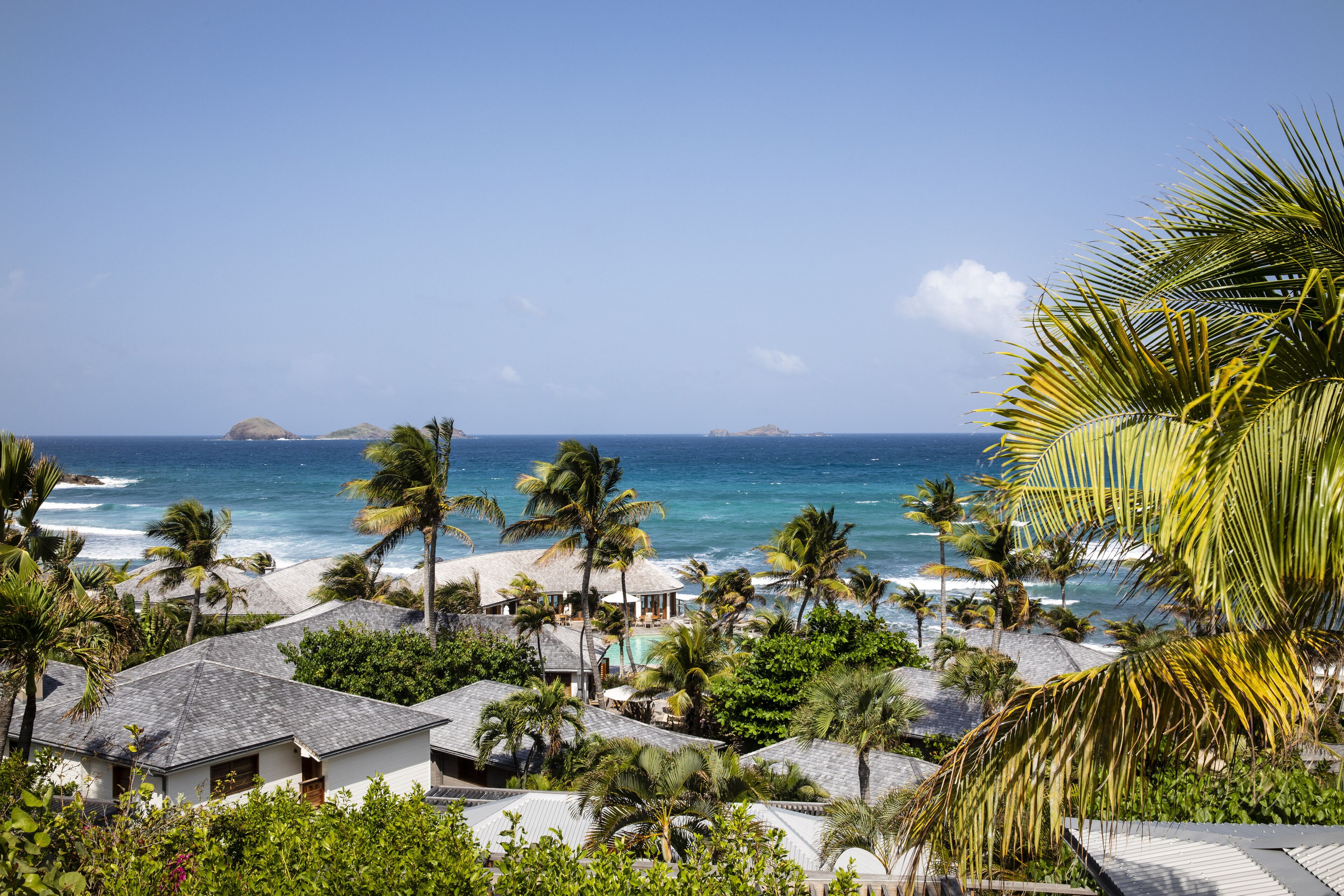 Un complejo turístico frente al mar, con cabañas de playa, palmeras y vistas al océano.