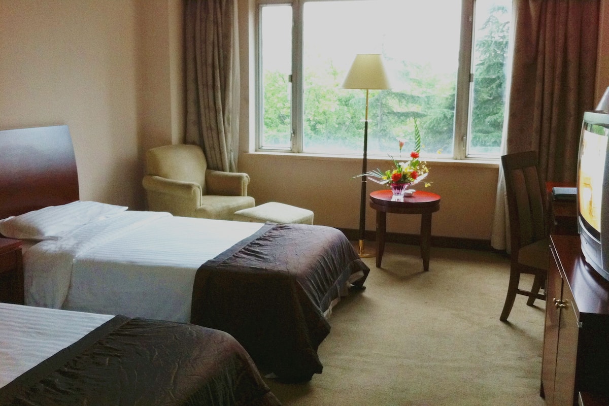 Une chambre d’hôtel avec deux lits, une chaise, une petite table avec une lampe et des fleurs, et un téléviseur.