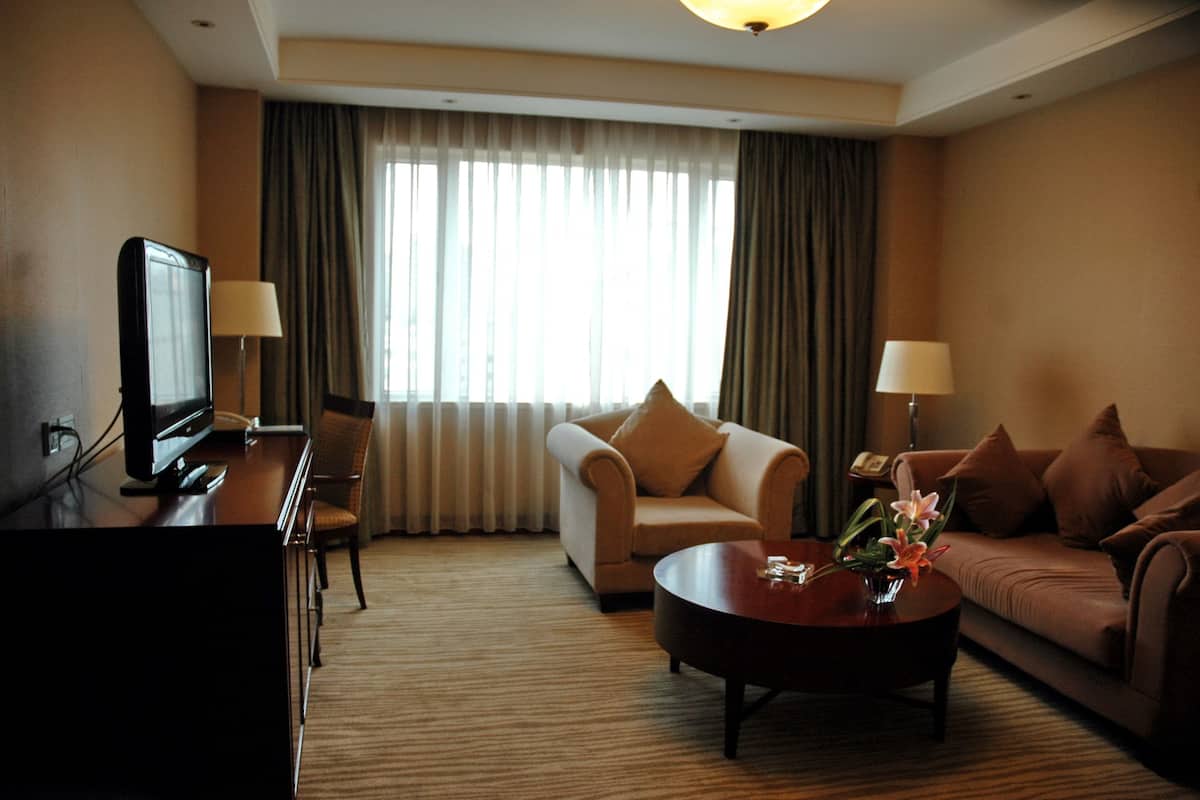 Une chambre d’hôtel équipée d’un téléviseur à écran plat, d’un canapé, d’un fauteuil, d’une table basse et d’une grande fenêtre avec des rideaux.