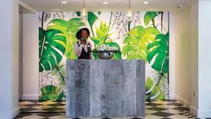 Un área de recepción con piso a cuadros, un mostrador y un mural de hojas tropicales.