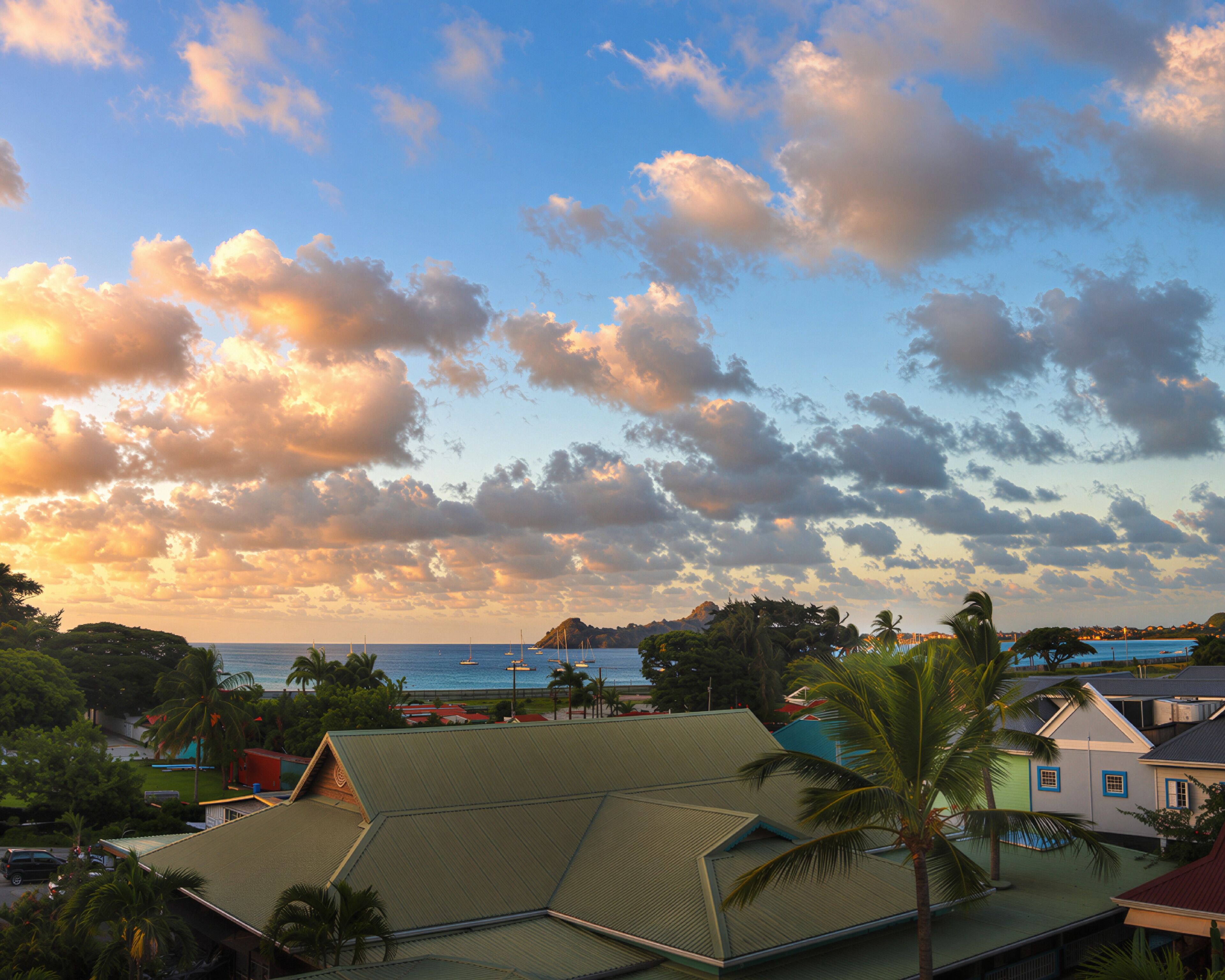 A coastal view with a prominent building featuring a green roof and a visible swimming pool.