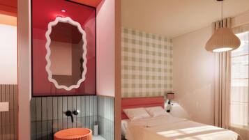 1 bedroom, premium bedding, blackout curtains, soundproofing