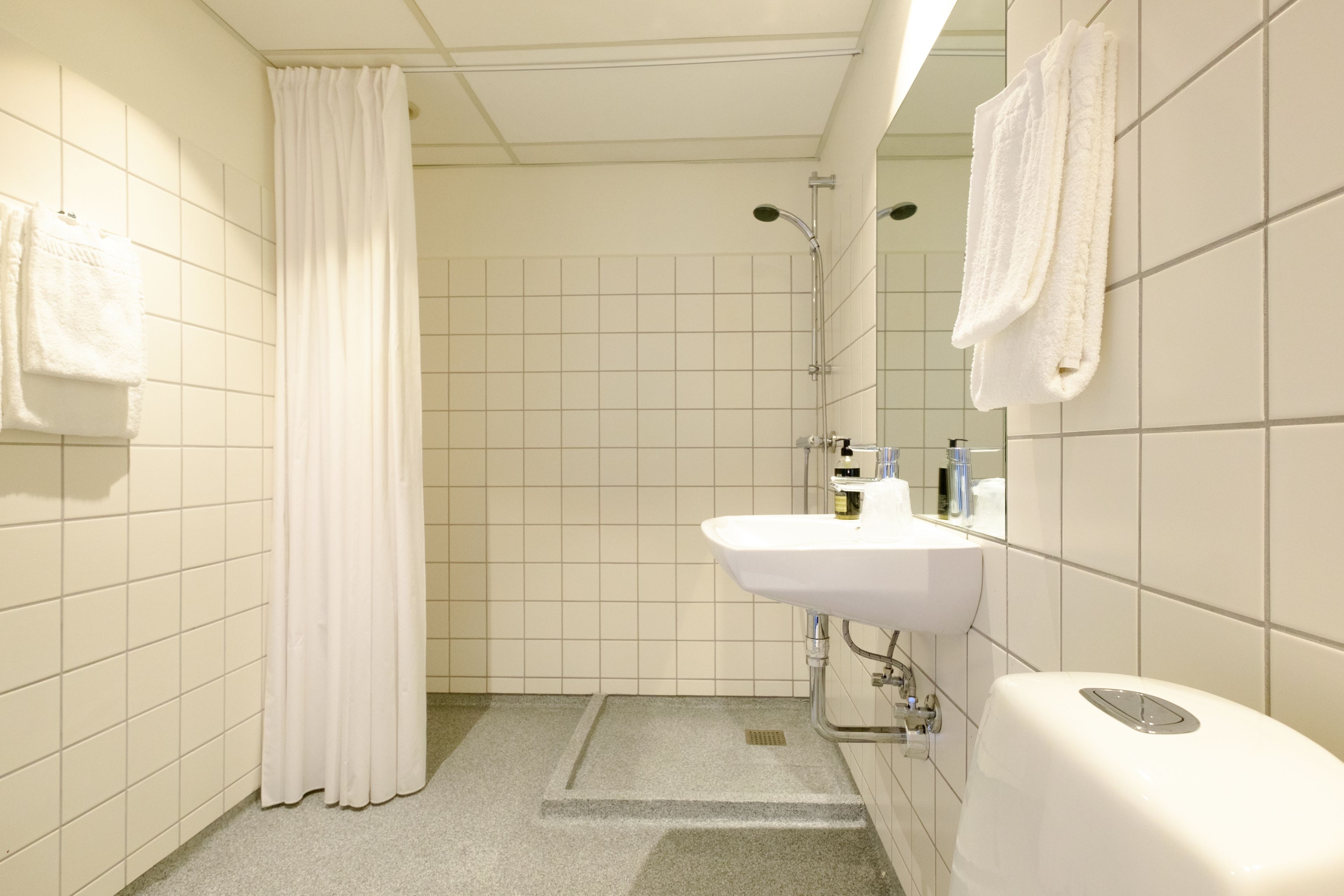 A bathroom with a shower, a sink, and a toilet.