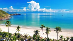 A beach with clear blue water, palm trees, and mountains in the background.