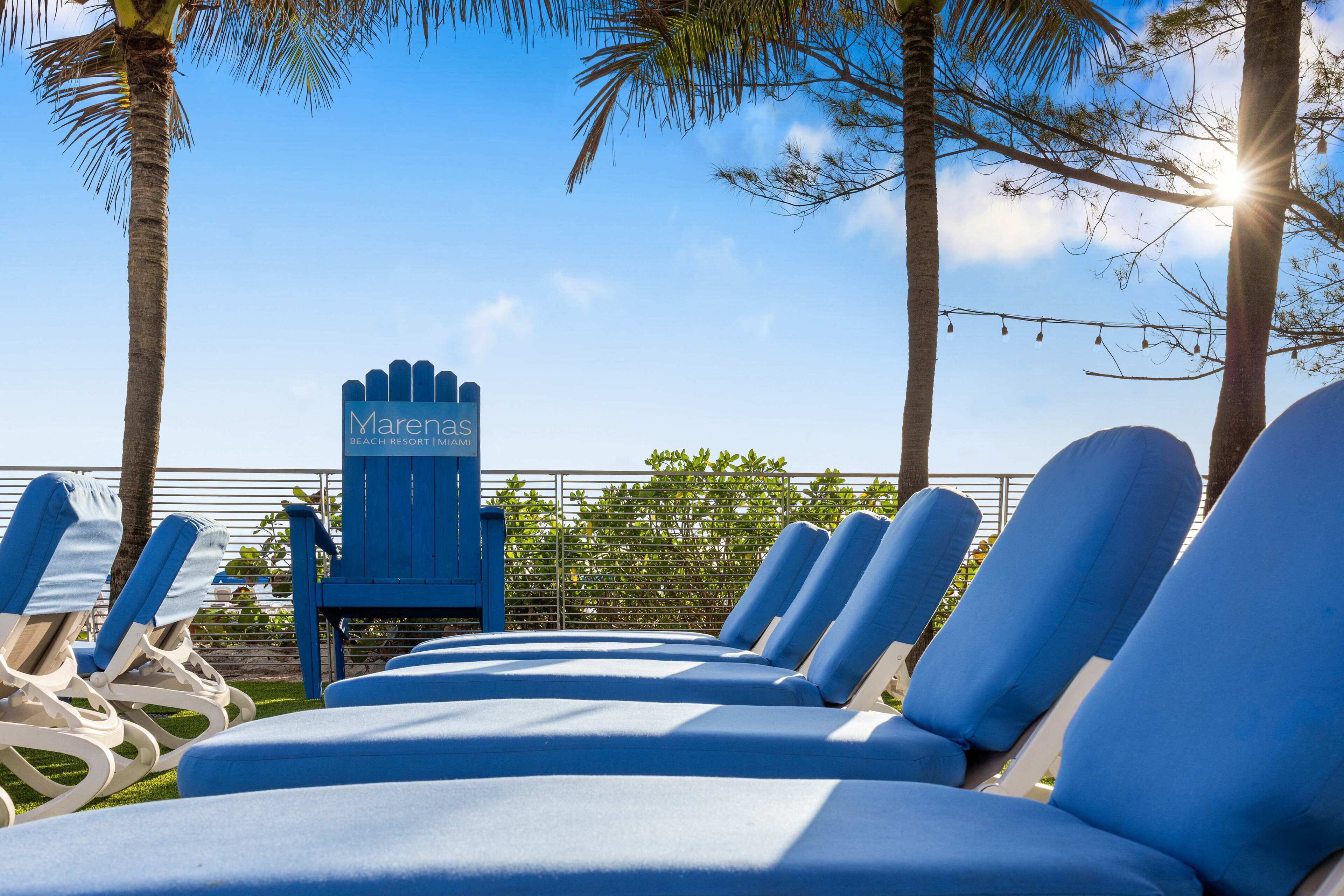 A row of blue lounge chairs with a sign reading "Marenas Beach Resort Miami" in the background.