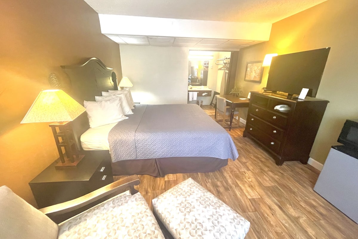 Una habitación de hotel con cama, escritorio, cómoda y silla.