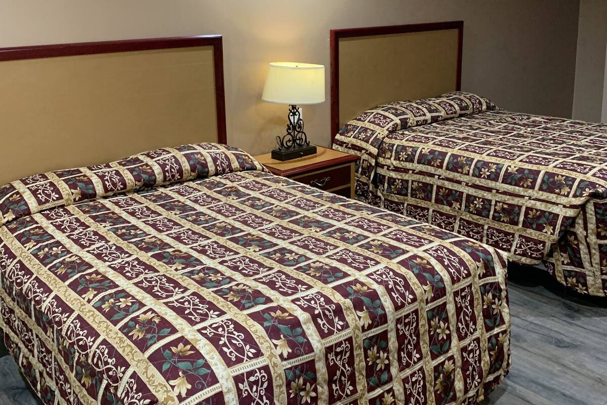 A hotel room with two beds, each with a patterned bedspread and a bedside table with a lamp.
