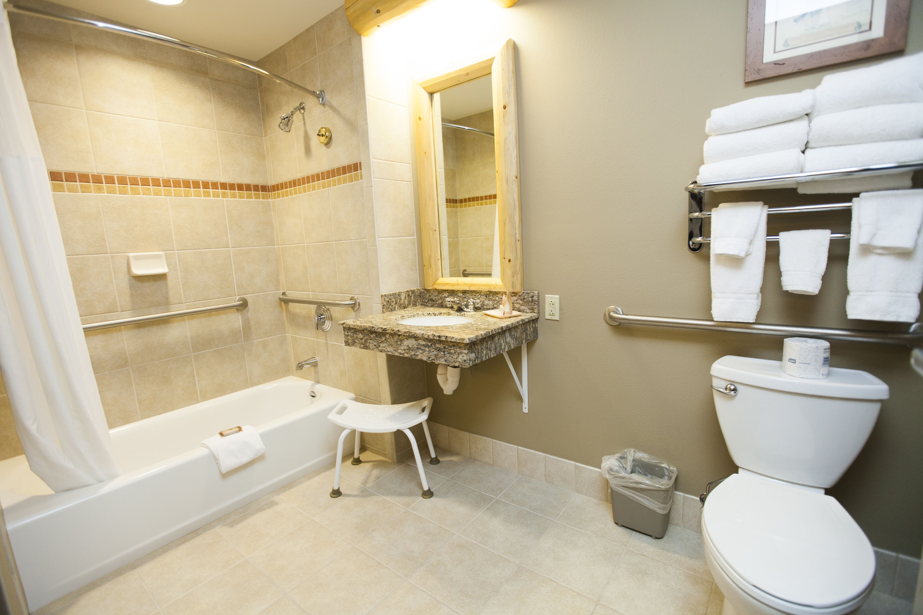 combined shower/bathtub, free toiletries, hair dryer, towels