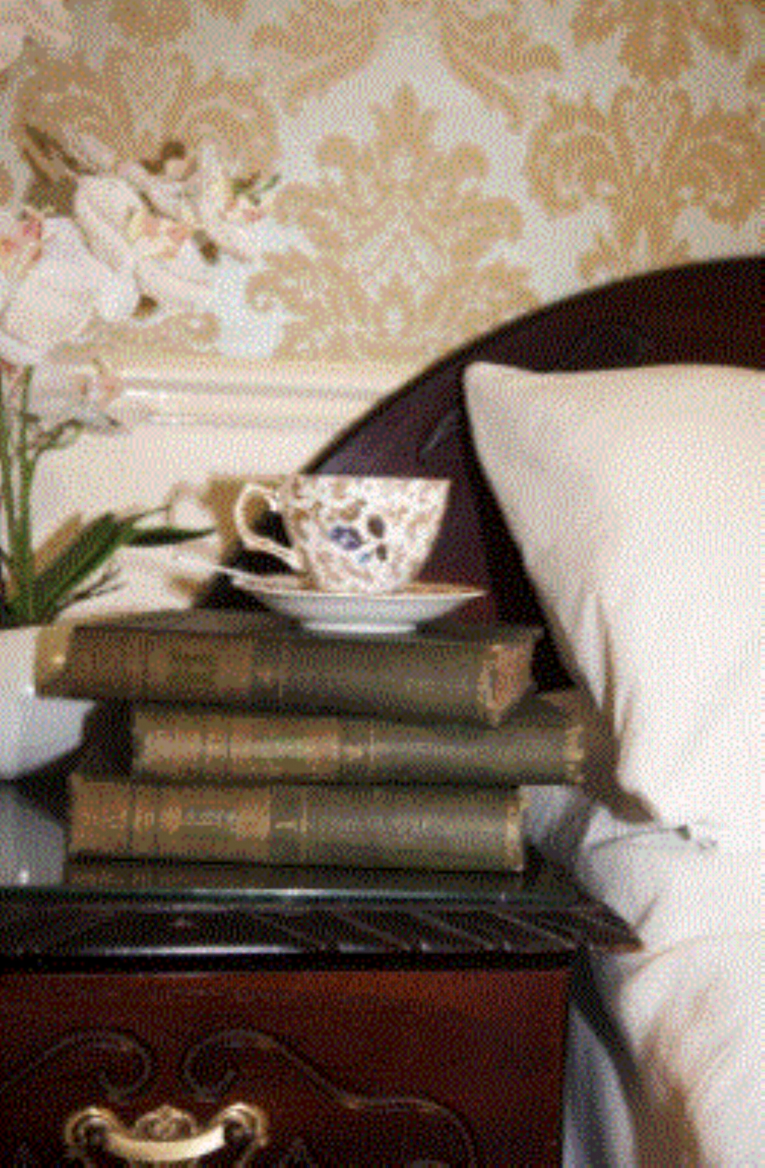 A stack of books on a wooden chest of drawers, a teacup on a saucer, and a potted plant.