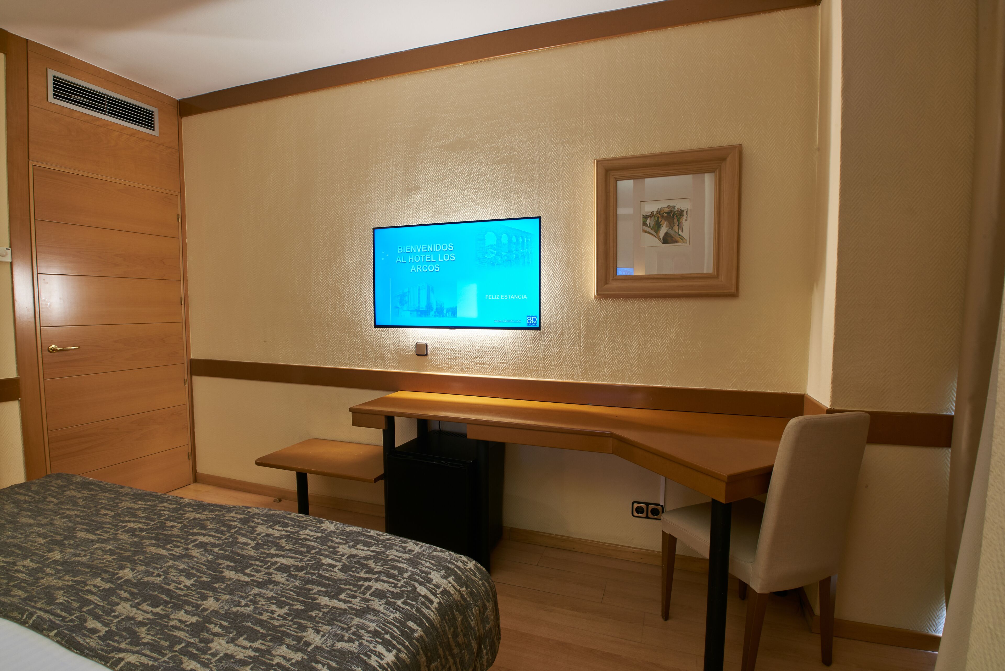 A hotel room with a bed, a desk, a chair, a television, and a framed picture on the wall.