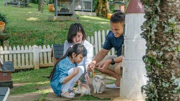 Una familia interactuando con conejos en un jardín.