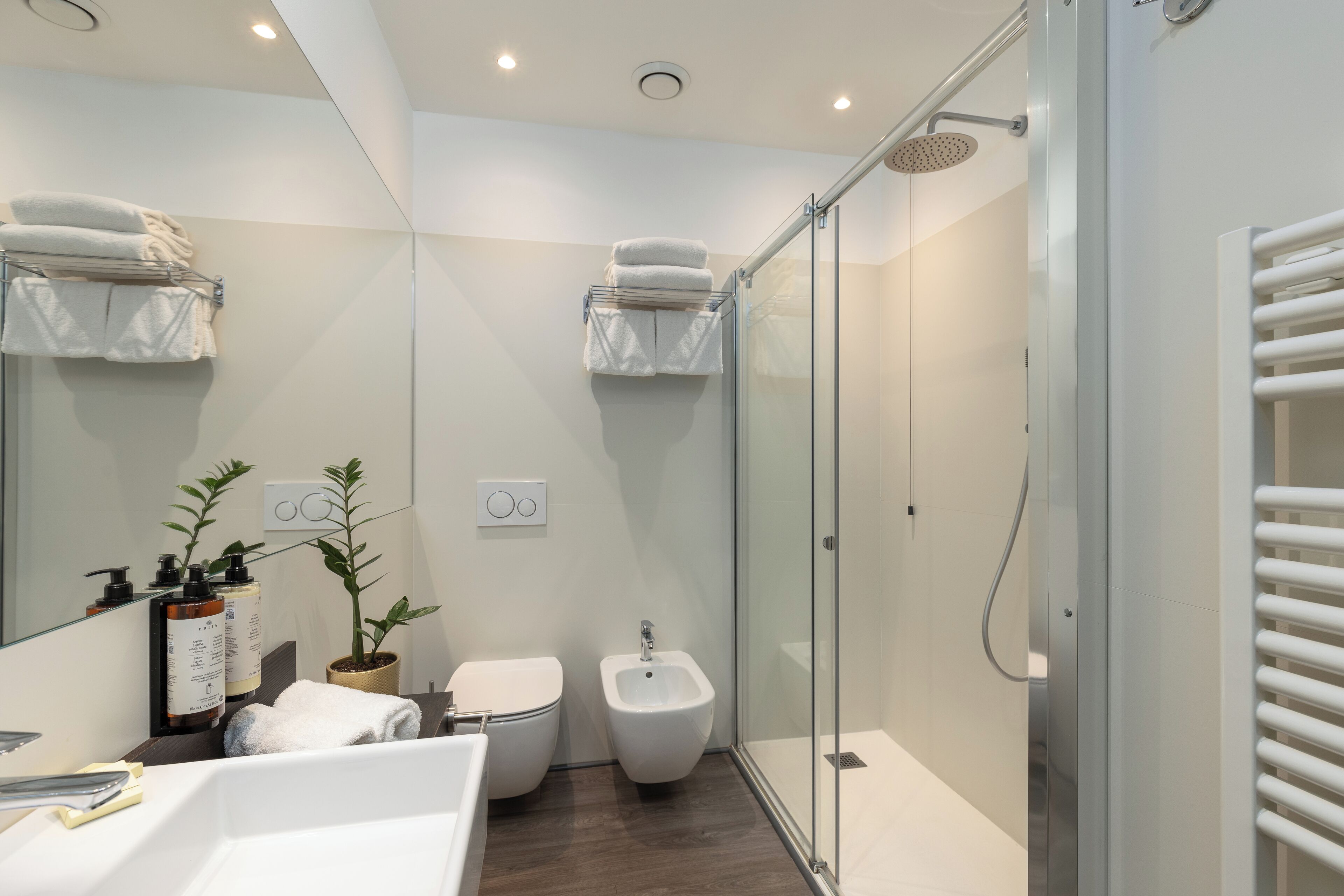 A modern bathroom with a glass shower enclosure, a bidet, a toilet, and a sink with a mirror.