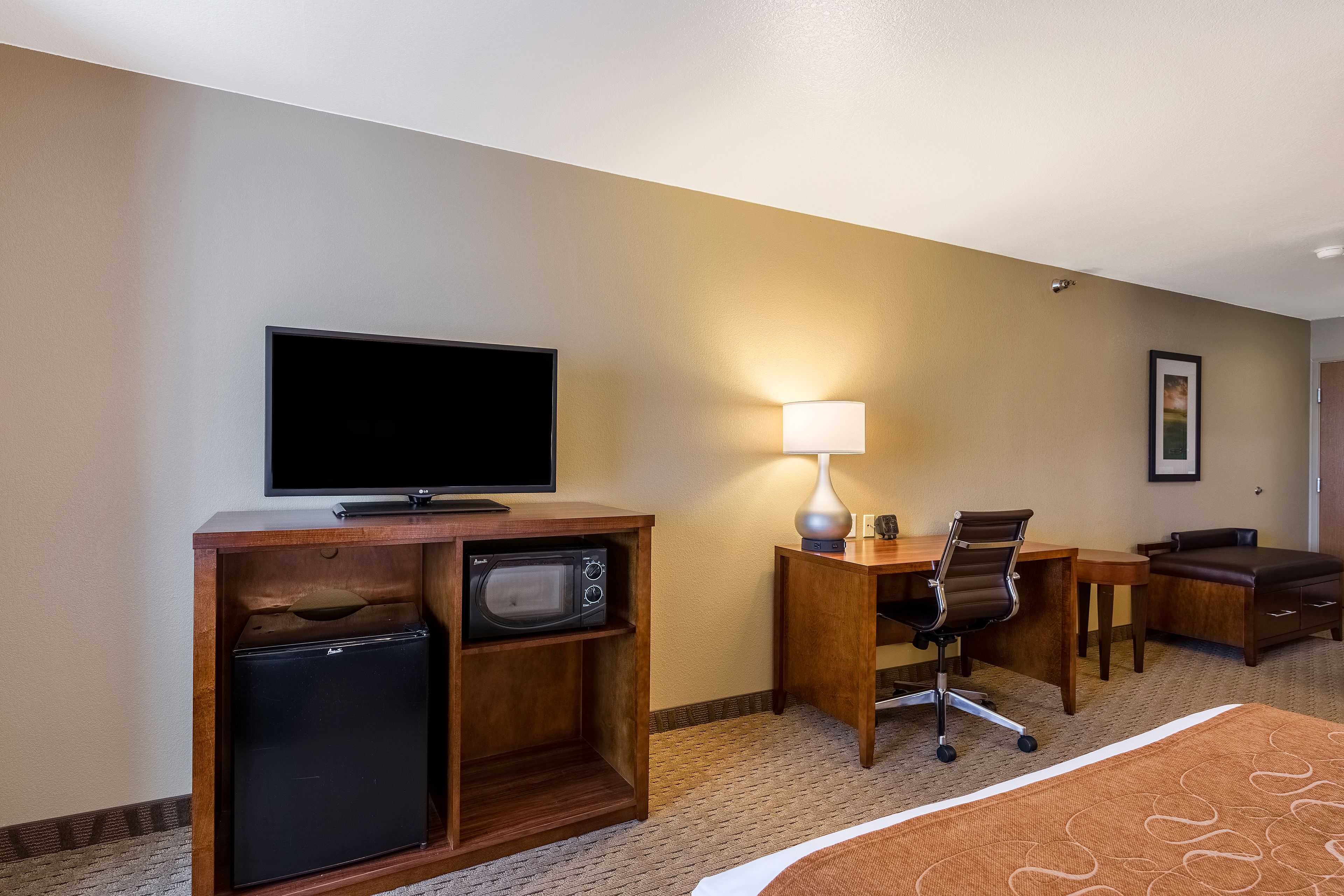 A hotel room with a flat-screen TV, a mini-fridge, a microwave, a desk with a chair, a lamp, and a bed with a patterned bedspread.