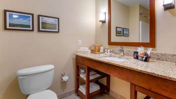 A bathroom with a toilet, sink, and mirror. There are two framed pictures on the wall.