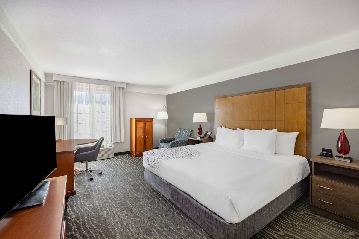 A hotel room with a large bed, a desk with a chair, a TV, and a wardrobe.