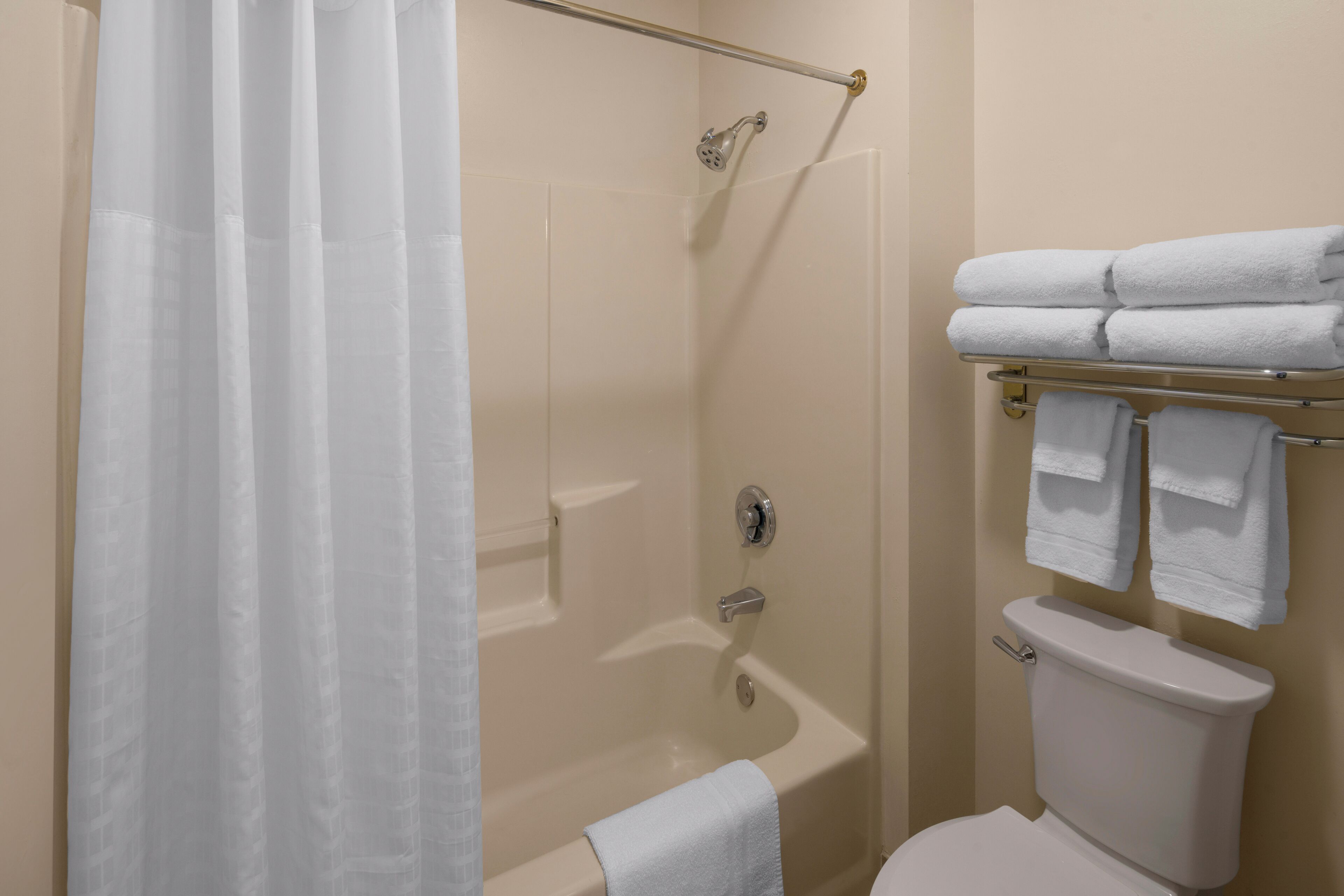 Een badkamer met een douche, een bad en een toilet. Handdoeken liggen op een rek.