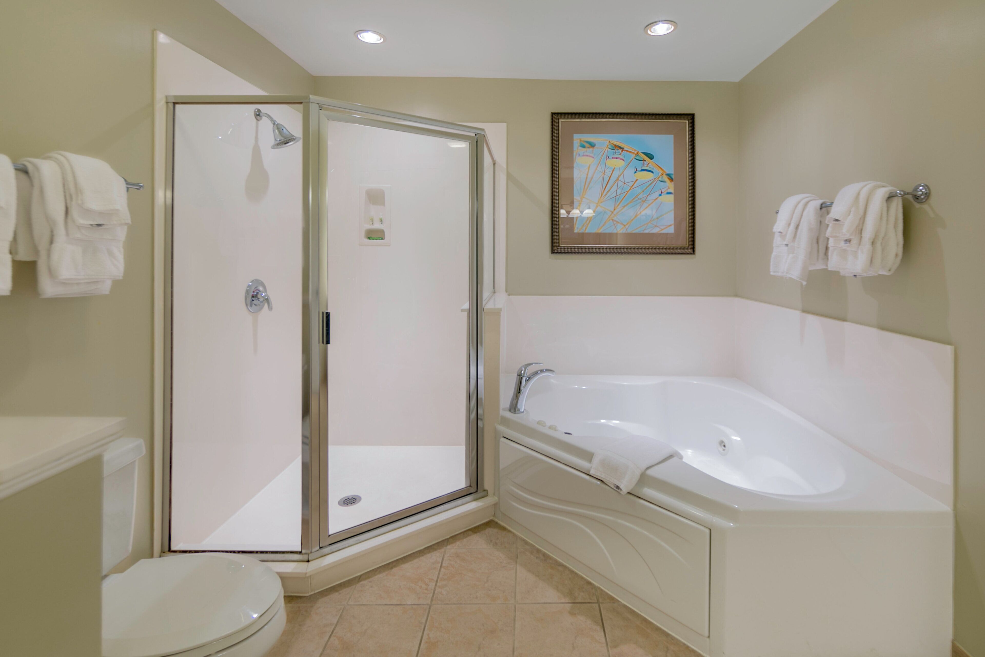 Une salle de bain avec une douche à l’italienne, une baignoire et des toilettes.