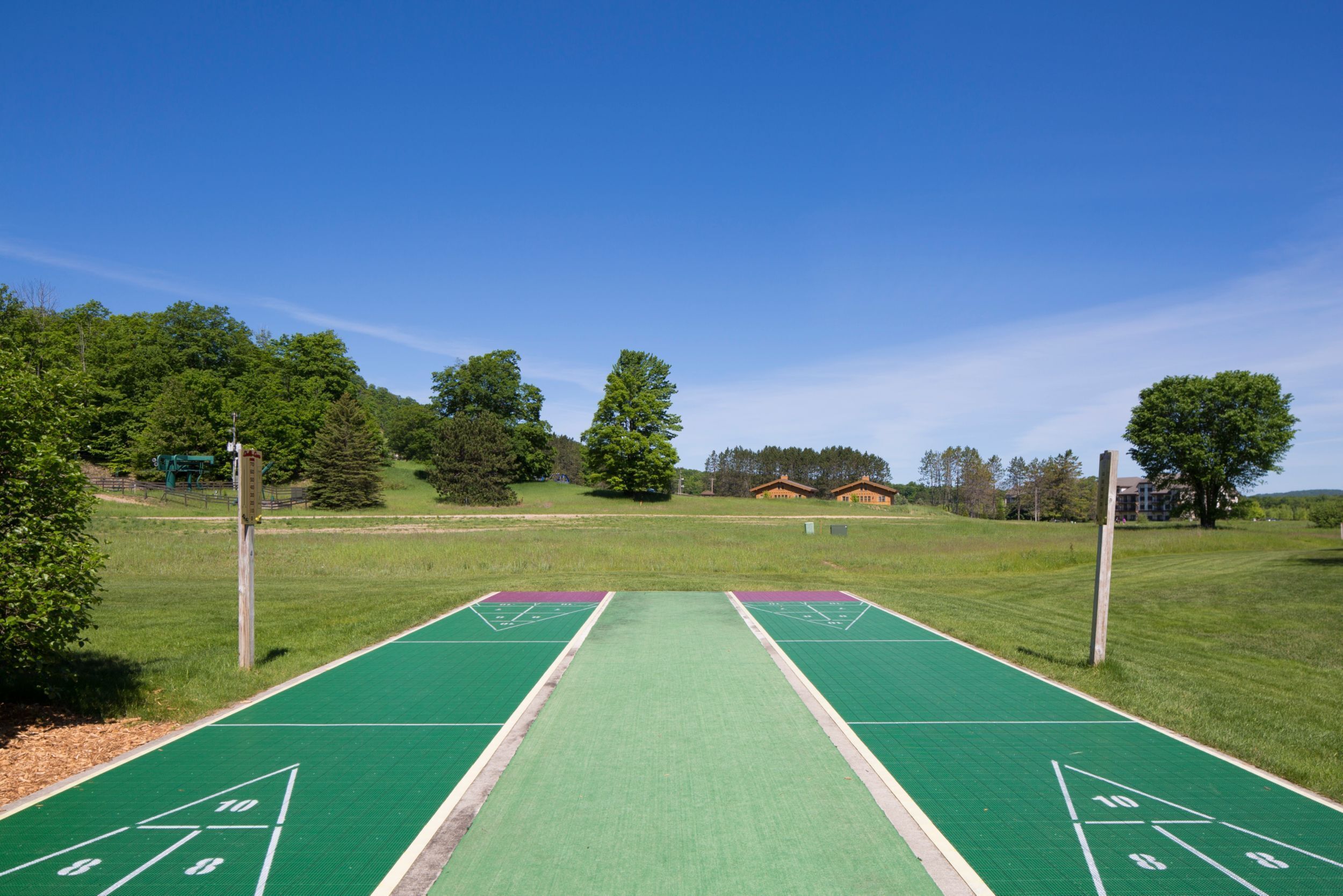 A green shuffleboard court with a clear sky and trees in the background.