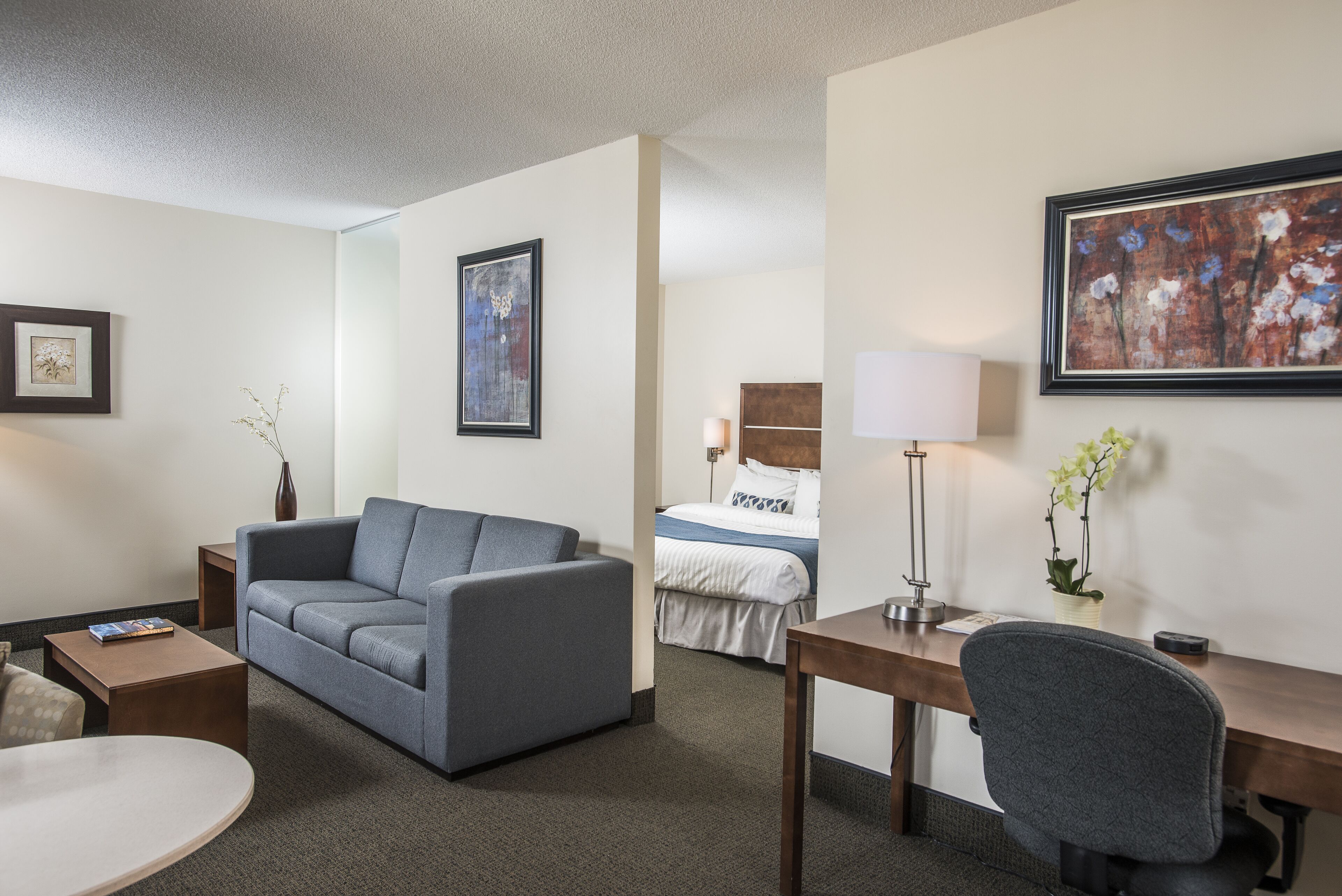 Een hotelkamer met een grijze bank, een bureau met een lamp, een stoel, een bed met een blauw-witte spreideken en een lijst met een schilderij aan de muur.