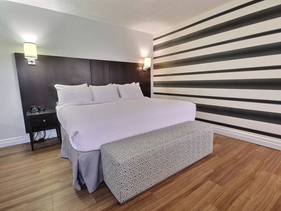 A neatly arranged hotel room with a large bed, bedside tables, a bench, and a wall with horizontal stripes.