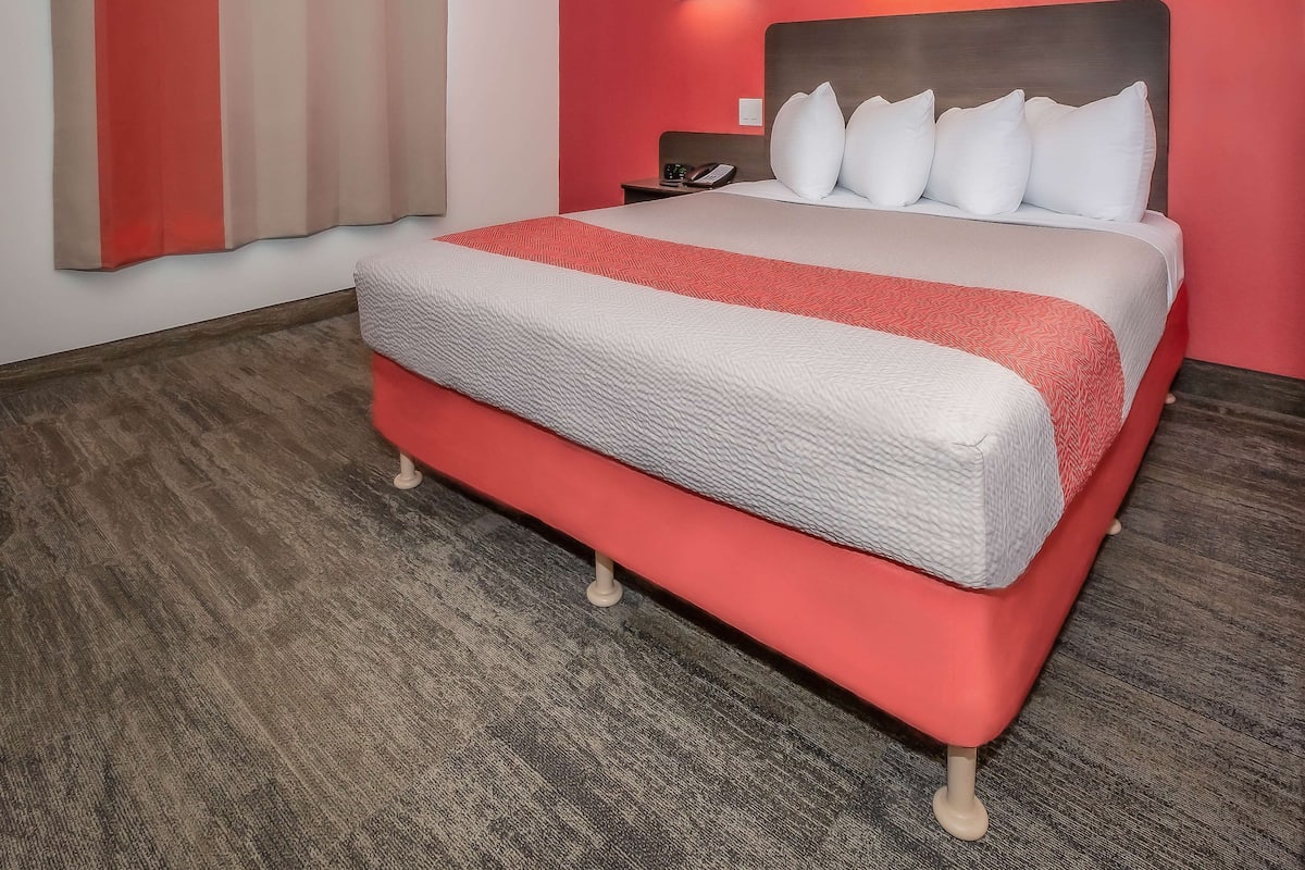 Desk, laptop workspace, blackout curtains, iron/ironing board